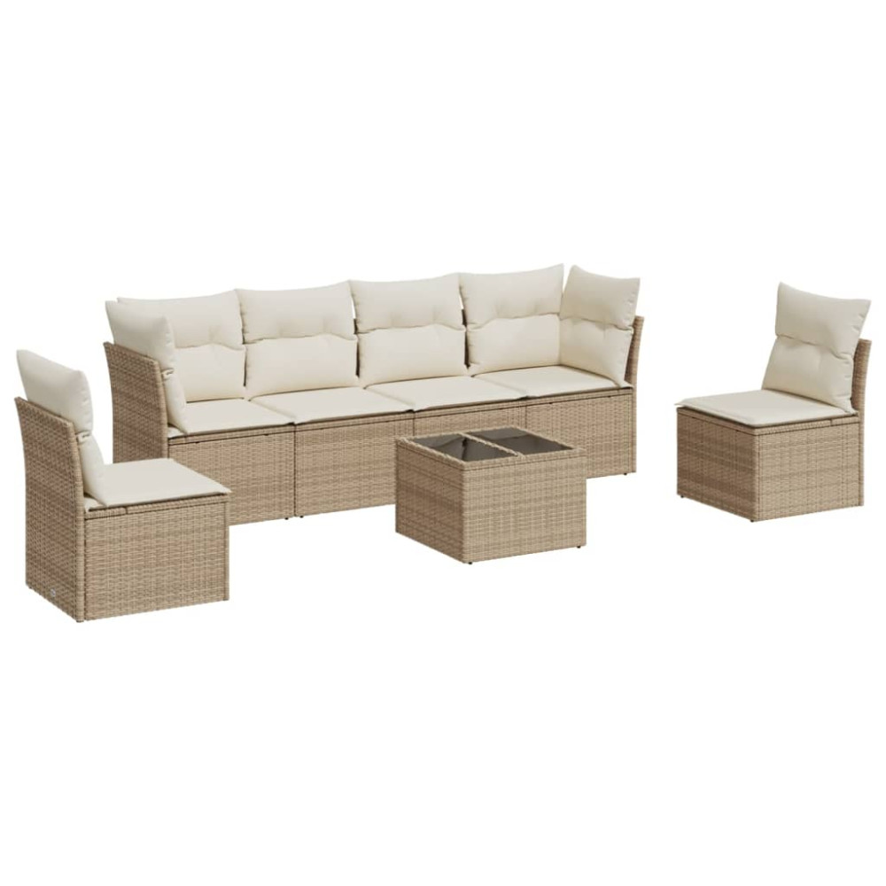 Produktbild för Matgrupp för trädgården med dynor 7 delar beige konstrotting