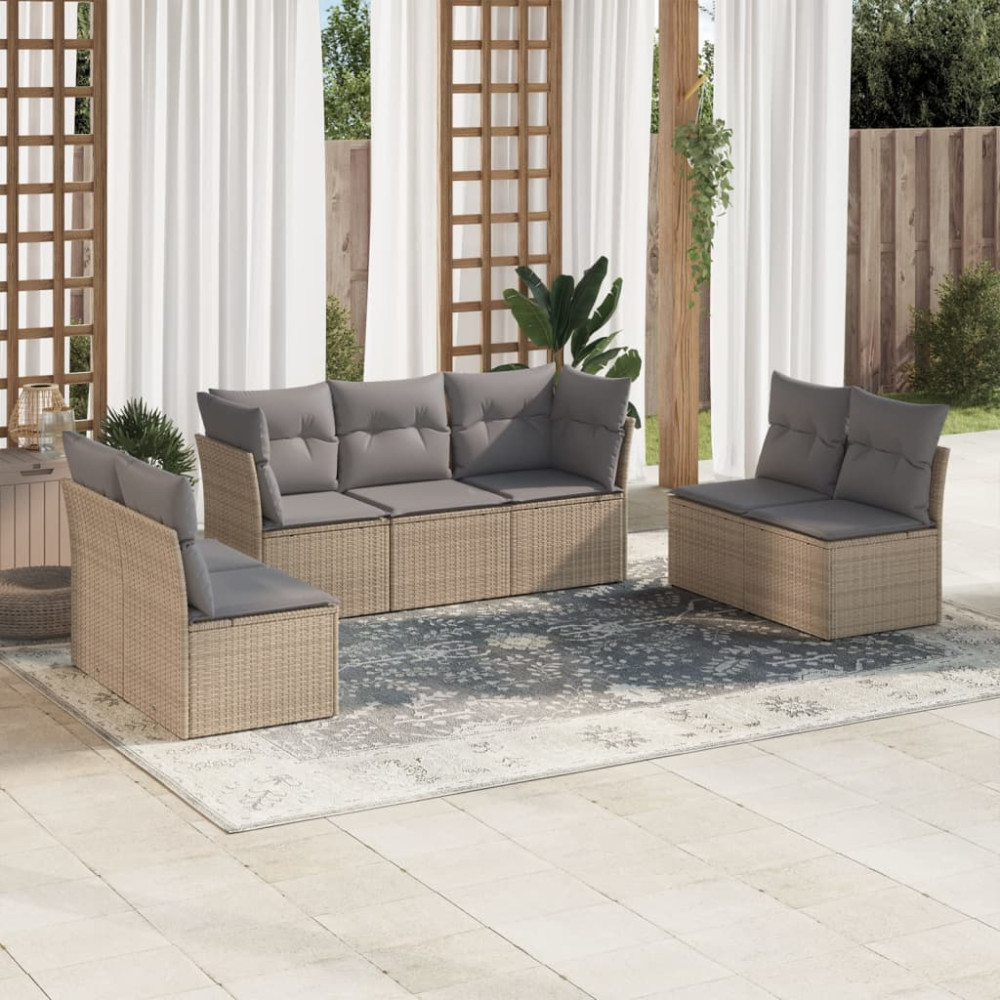Produktbild för Matgrupp för trädgården med dynor 7 delar beige konstrotting