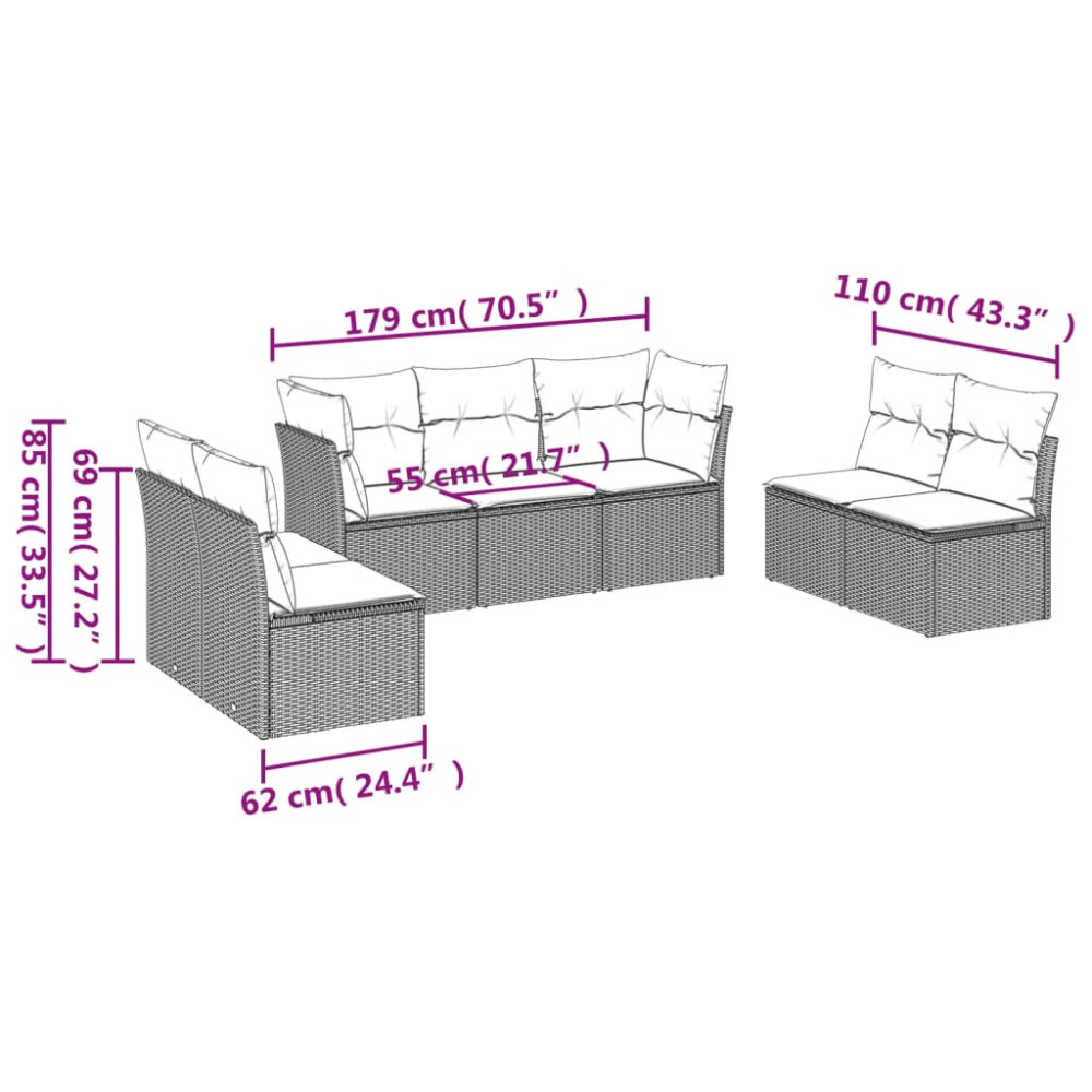Produktbild för Matgrupp för trädgården med dynor 7 delar beige konstrotting