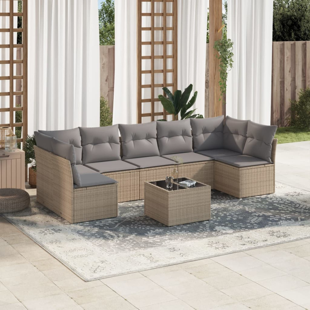 Produktbild för Matgrupp för trädgården med dynor 8 delar beige konstrotting