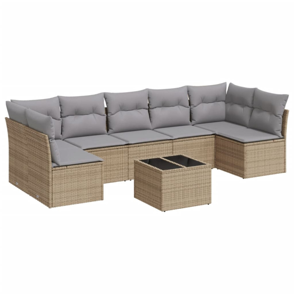 Produktbild för Matgrupp för trädgården med dynor 8 delar beige konstrotting