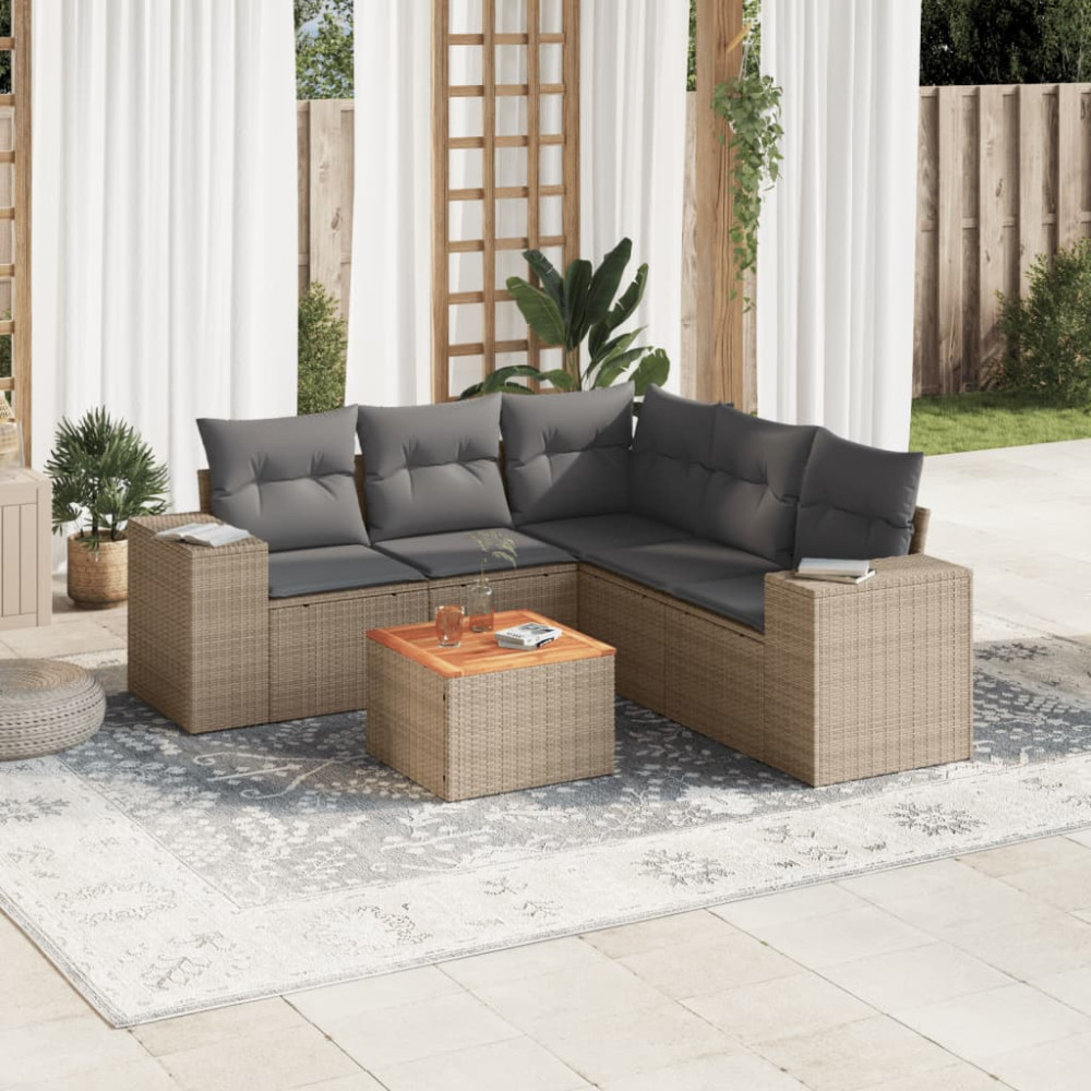 Produktbild för Soffgrupp för trädgården med dynor 6 delar beige konstrotting