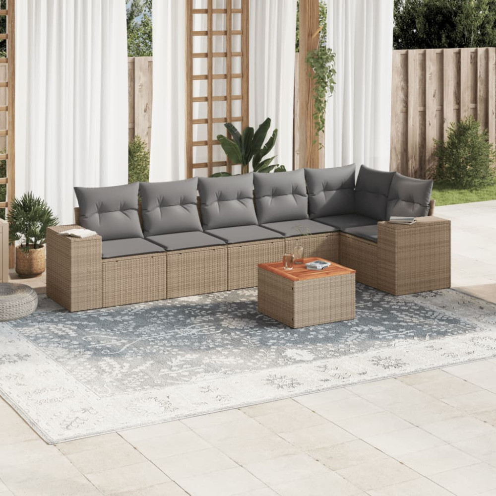 Produktbild för Matgrupp för trädgården med dynor 7 delar beige konstrotting