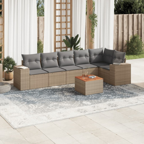vidaXL Matgrupp för trädgården med dynor 7 delar beige konstrotting