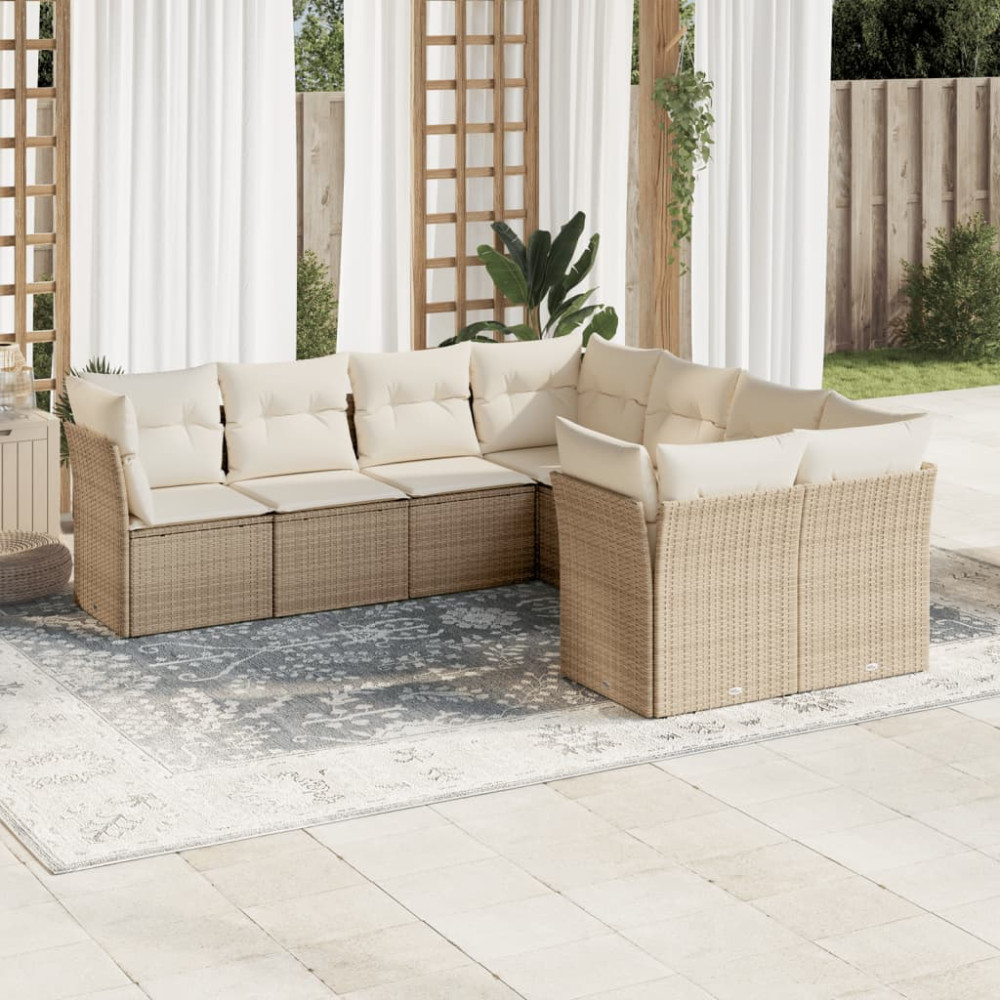 Produktbild för Matgrupp för trädgården med dynor 8 delar beige konstrotting