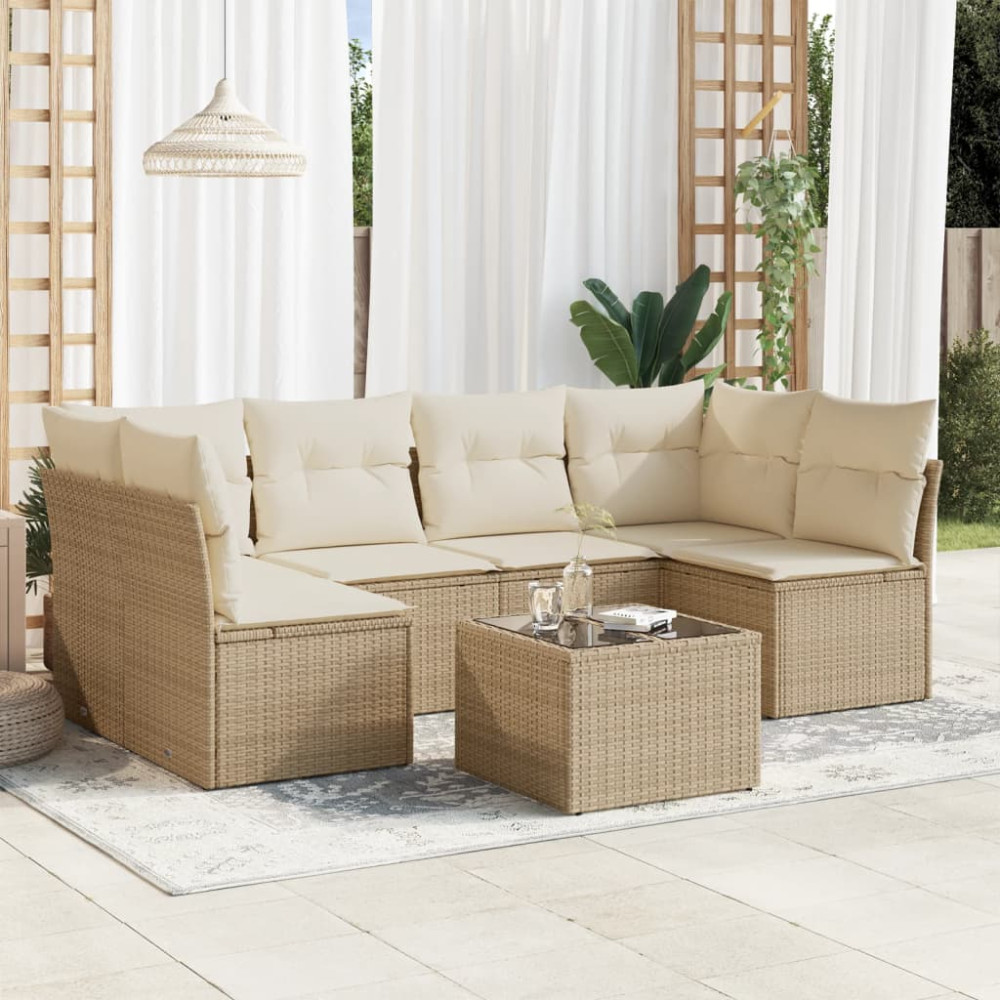 Produktbild för Matgrupp för trädgården med dynor 7 delar beige konstrotting