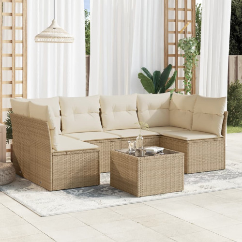 vidaXL Matgrupp för trädgården med dynor 7 delar beige konstrotting