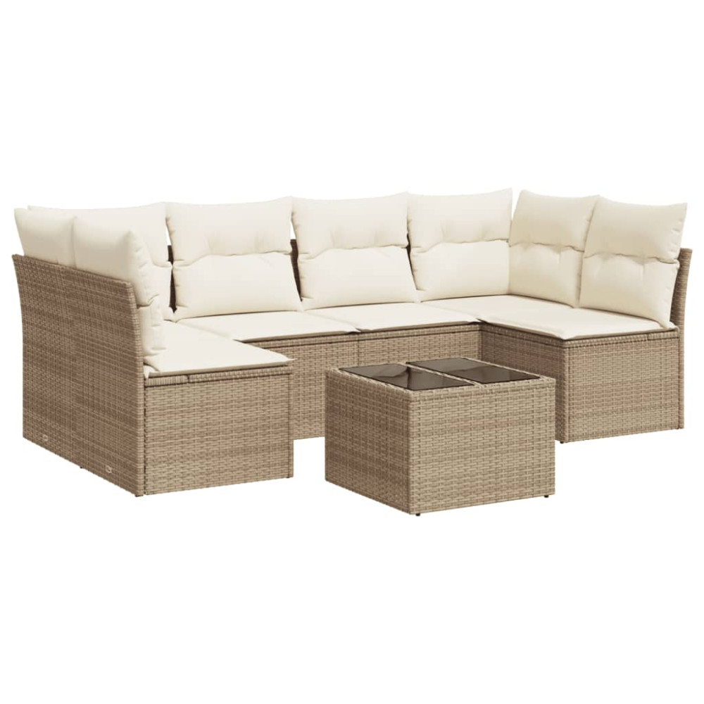 Produktbild för Matgrupp för trädgården med dynor 7 delar beige konstrotting