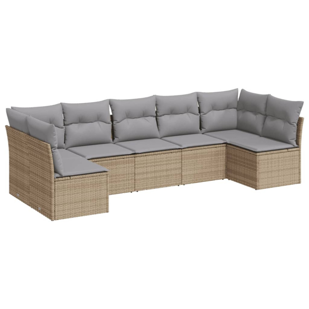 Produktbild för Matgrupp för trädgården med dynor 7 delar beige konstrotting