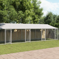 Produktbild för Hundgård med tak och dörrar grå 10x2x2 cm galvaniserat stål
