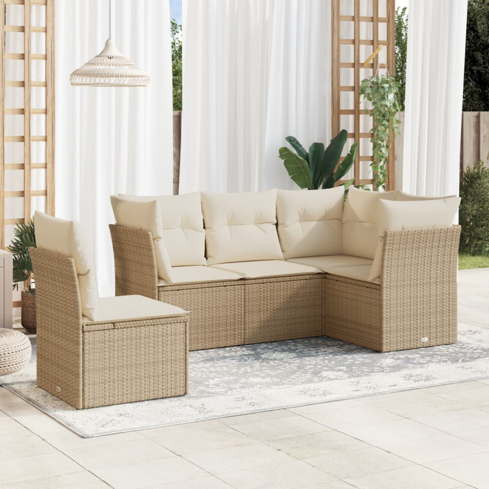 Produktbild för Soffgrupp för trädgården med dynor 5 delar beige konstrotting