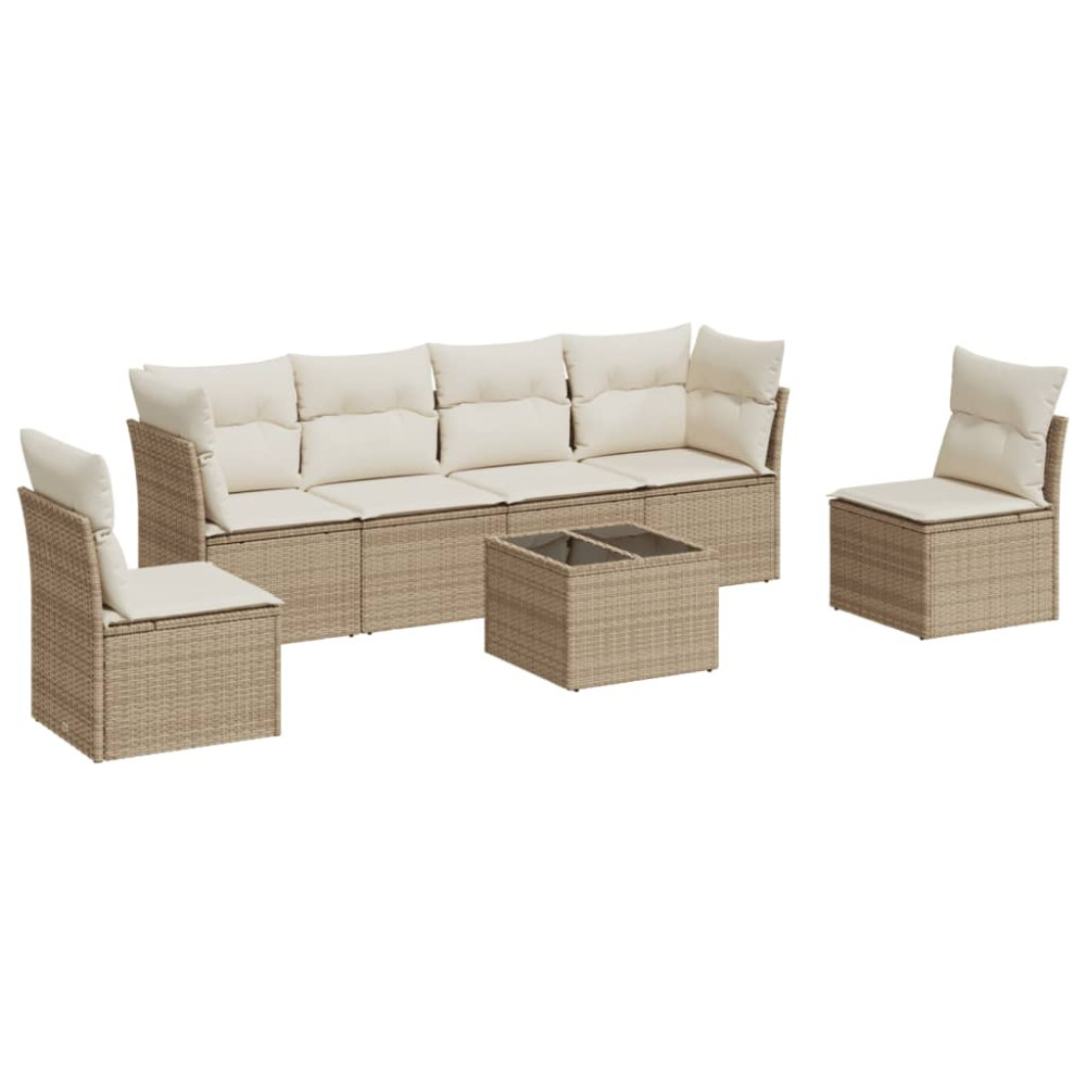 Produktbild för Matgrupp för trädgården med dynor 7 delar beige konstrotting