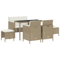 Produktbild för Matgrupp med dynor för trädgården 6 delar beige konstrotting