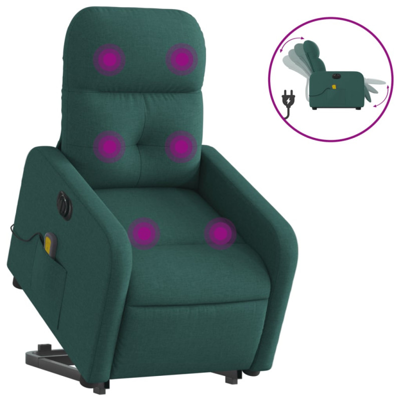 Produktbild för Elektrisk massagefåtölj med uppresningshjälp mörkgrön tyg