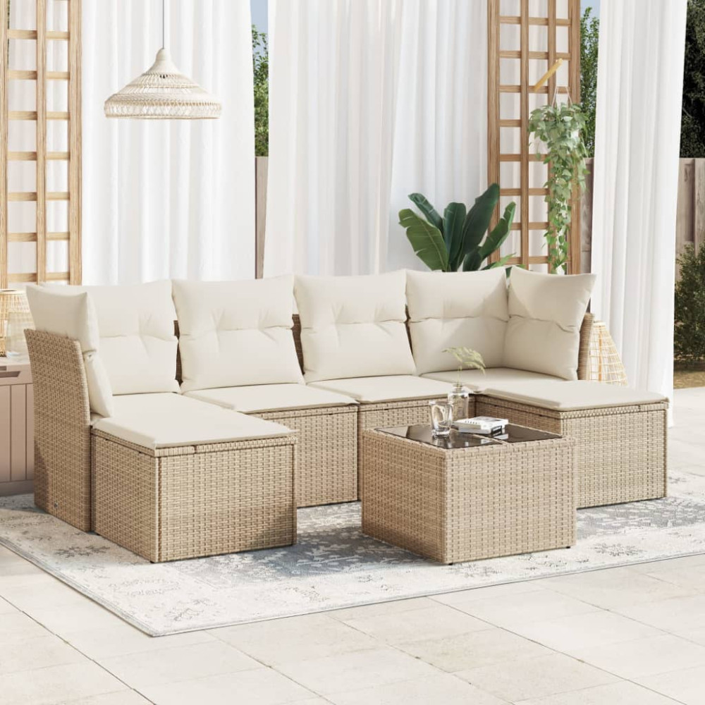 Produktbild för Matgrupp för trädgården med dynor 7 delar beige konstrotting