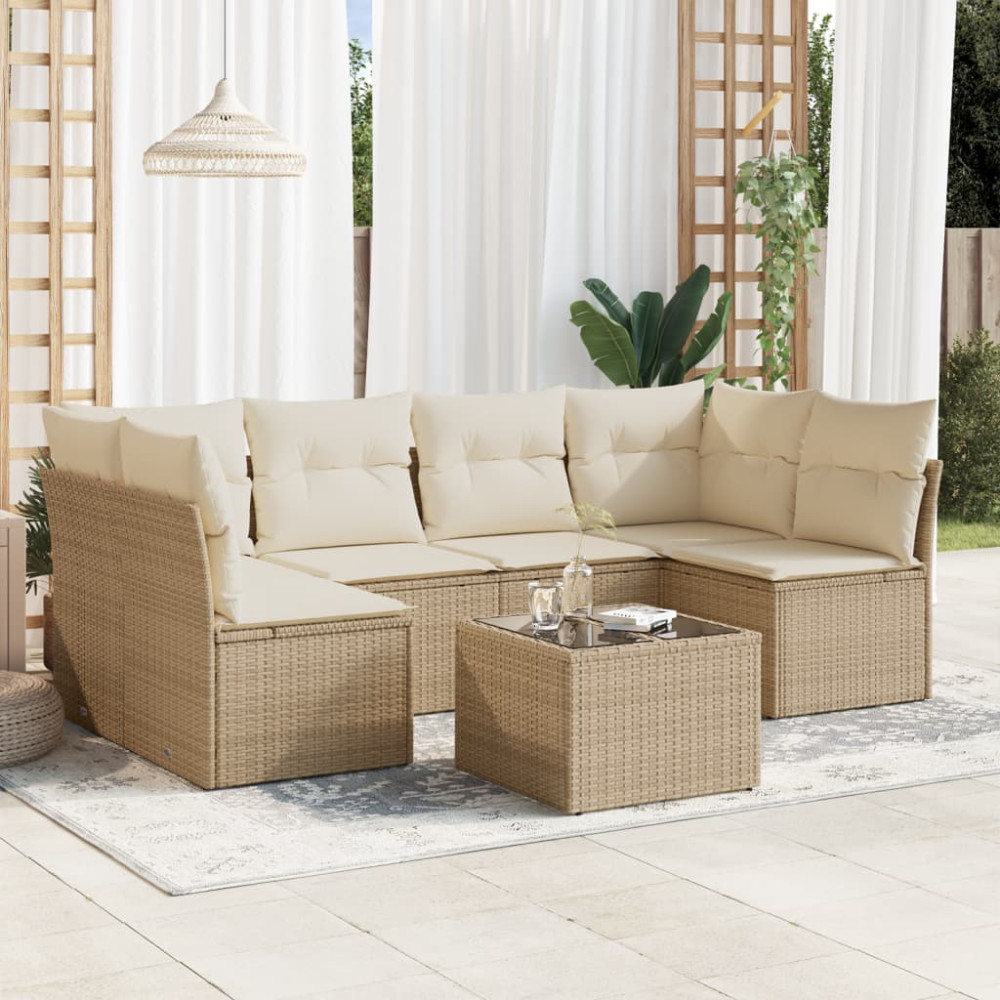Produktbild för Matgrupp för trädgården med dynor 7 delar beige konstrotting