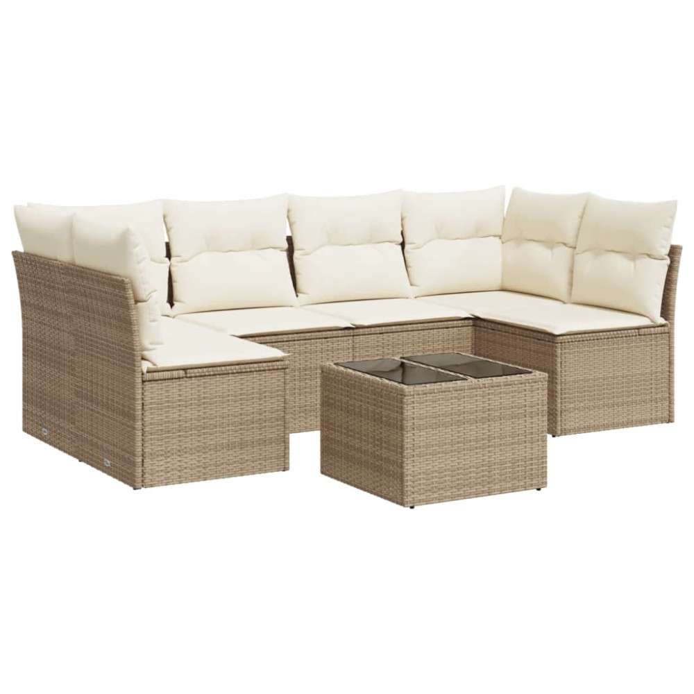 Produktbild för Matgrupp för trädgården med dynor 7 delar beige konstrotting