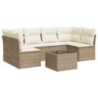 Produktbild för Matgrupp för trädgården med dynor 7 delar beige konstrotting