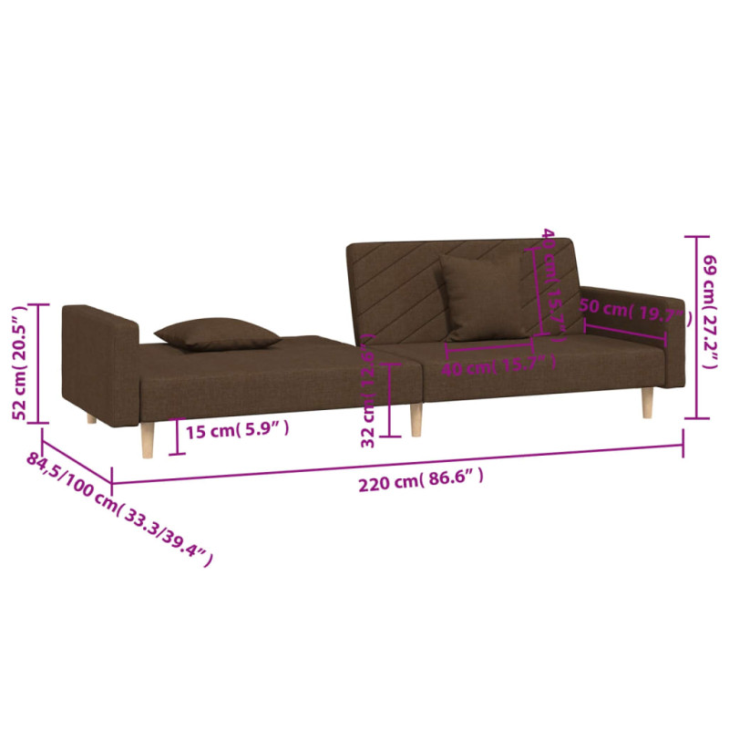 Produktbild för Bäddsoffa 2-sits med två kuddar mörkbrun tyg