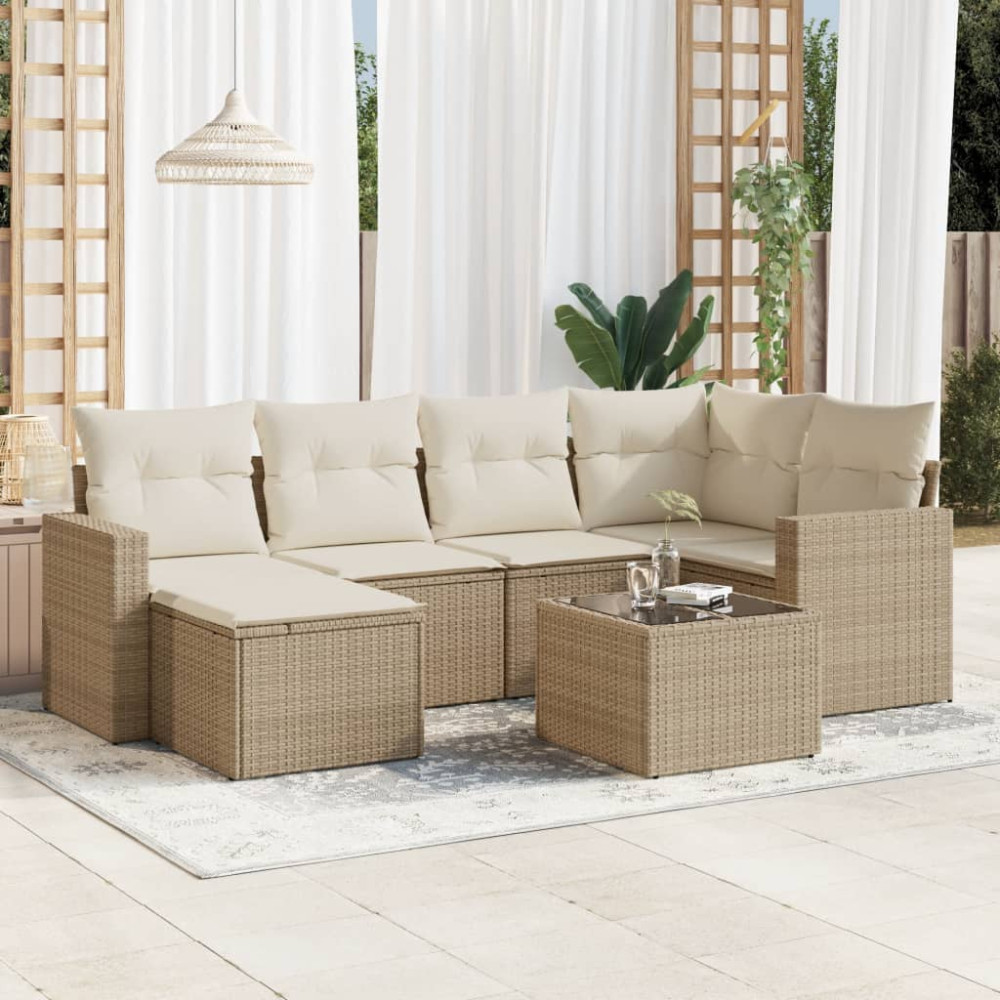 Produktbild för Matgrupp för trädgården med dynor 7 delar beige konstrotting