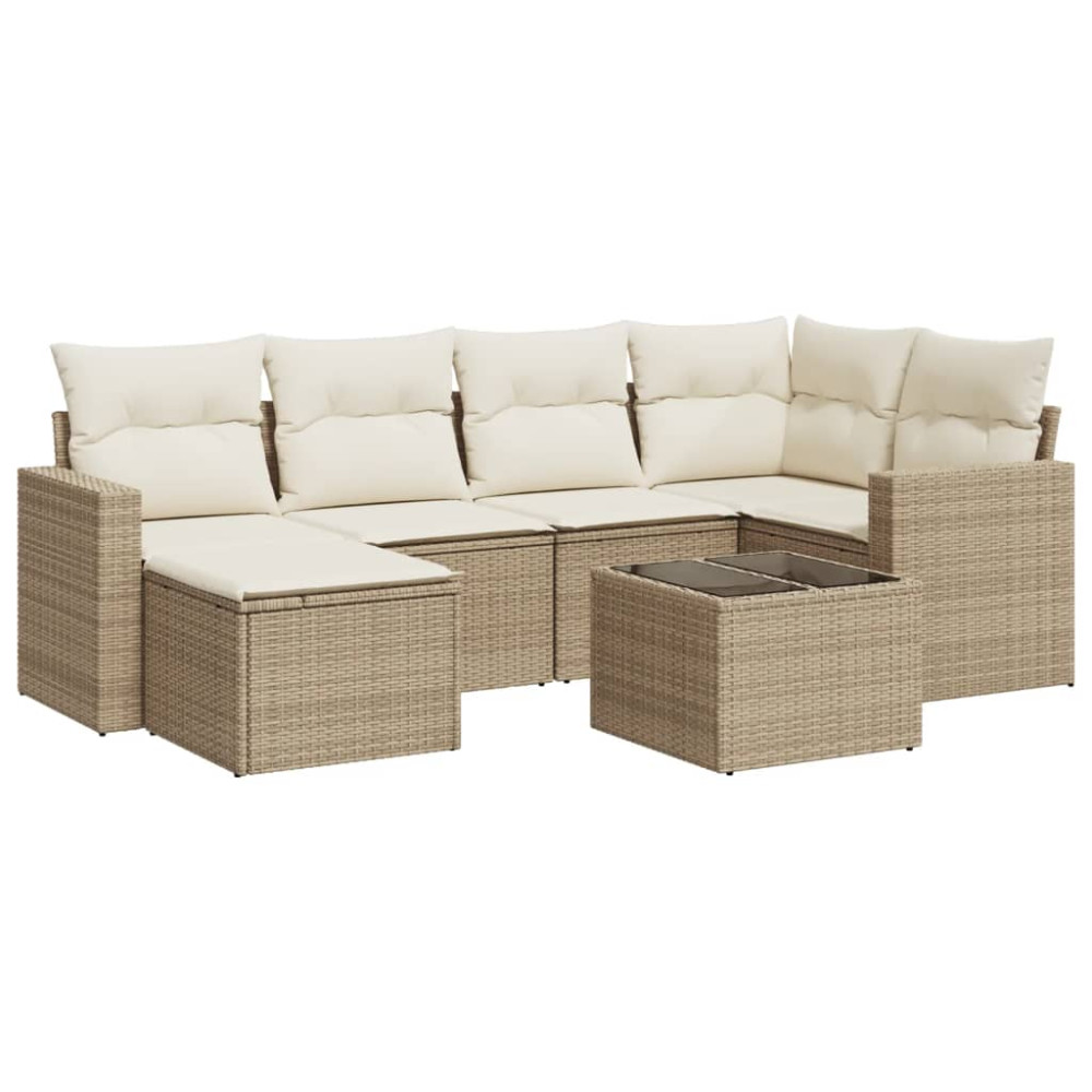 Produktbild för Matgrupp för trädgården med dynor 7 delar beige konstrotting