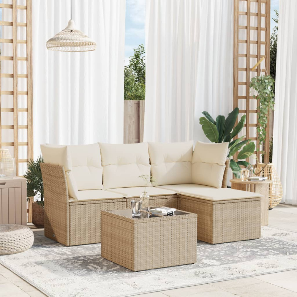 Produktbild för Soffgrupp för trädgården med dynor 5 delar beige konstrotting
