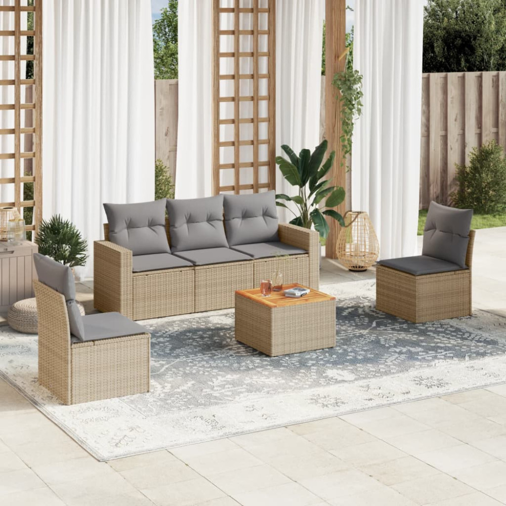 Produktbild för Soffgrupp för trädgården med dynor 6 delar beige konstrotting