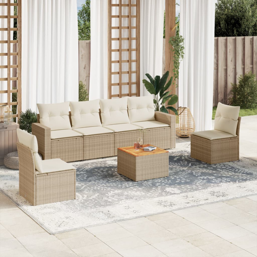 Produktbild för Matgrupp för trädgården med dynor 7 delar beige konstrotting