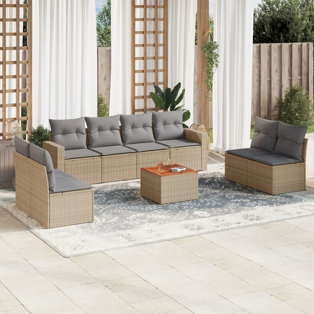 Produktbild för Soffgrupp för trädgården med dynor 9 delar beige konstrotting