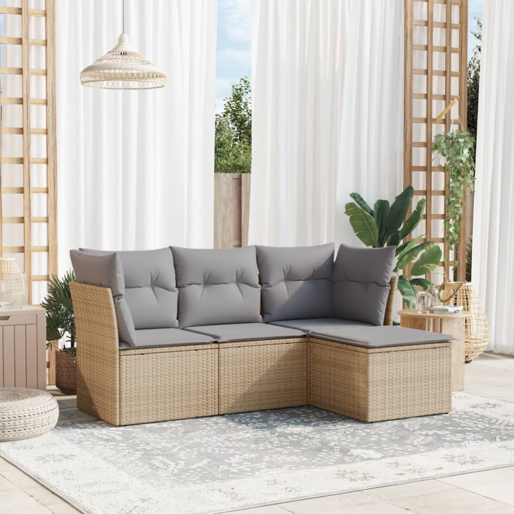 Produktbild för Soffgrupp för trädgård med dynor 4 delar beige konstrotting