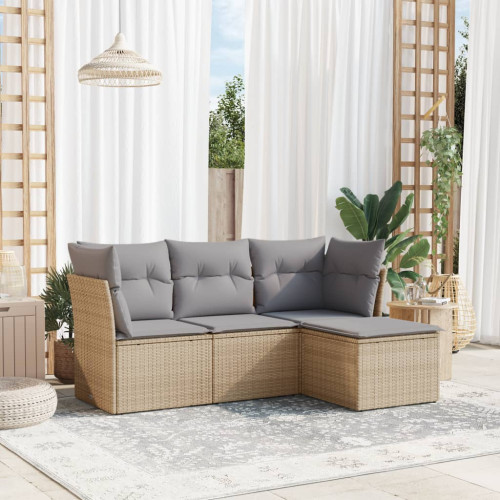 vidaXL Soffgrupp för trädgård med dynor 4 delar beige konstrotting