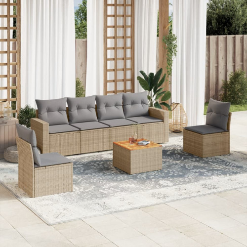 vidaXL Matgrupp för trädgården med dynor 7 delar beige konstrotting