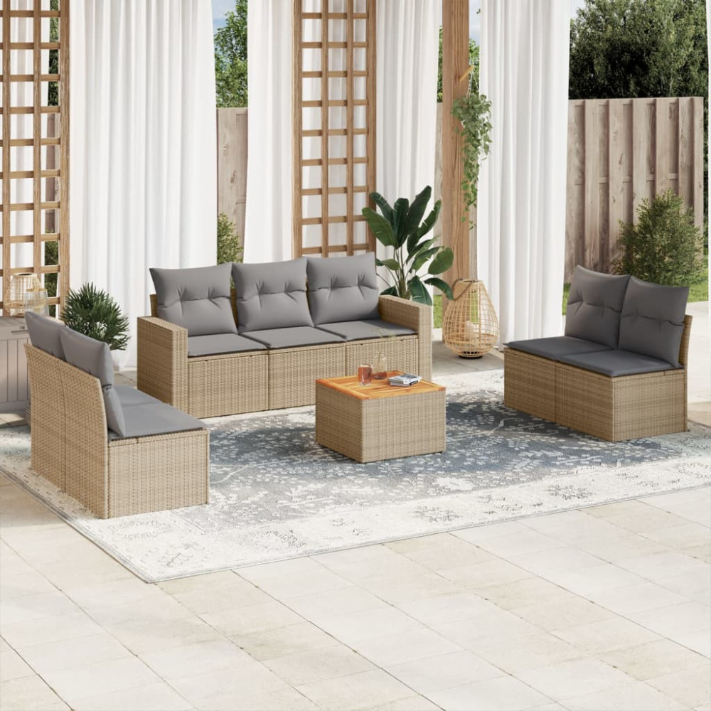 Produktbild för Matgrupp för trädgården med dynor 8 delar beige konstrotting