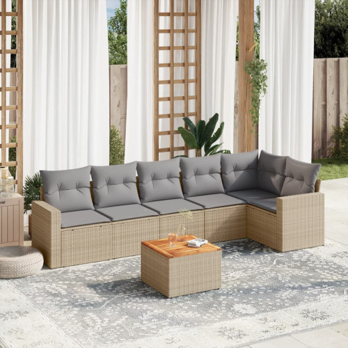 vidaXL Matgrupp för trädgården med dynor 7 delar beige konstrotting