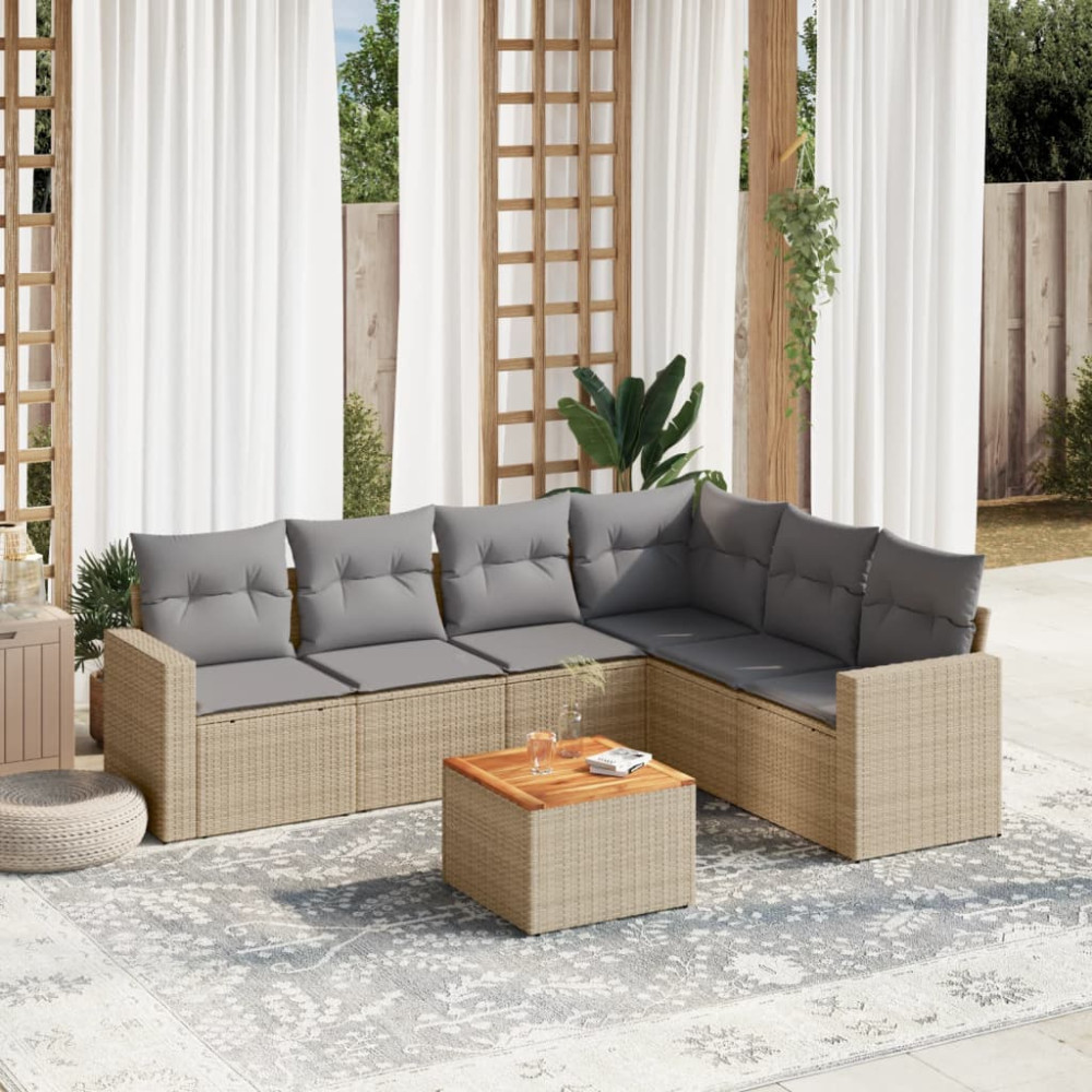 Produktbild för Matgrupp för trädgården med dynor 7 delar beige konstrotting