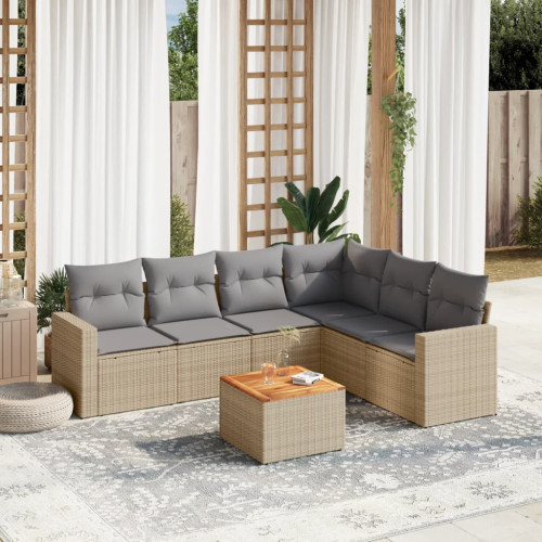 vidaXL Matgrupp för trädgården med dynor 7 delar beige konstrotting