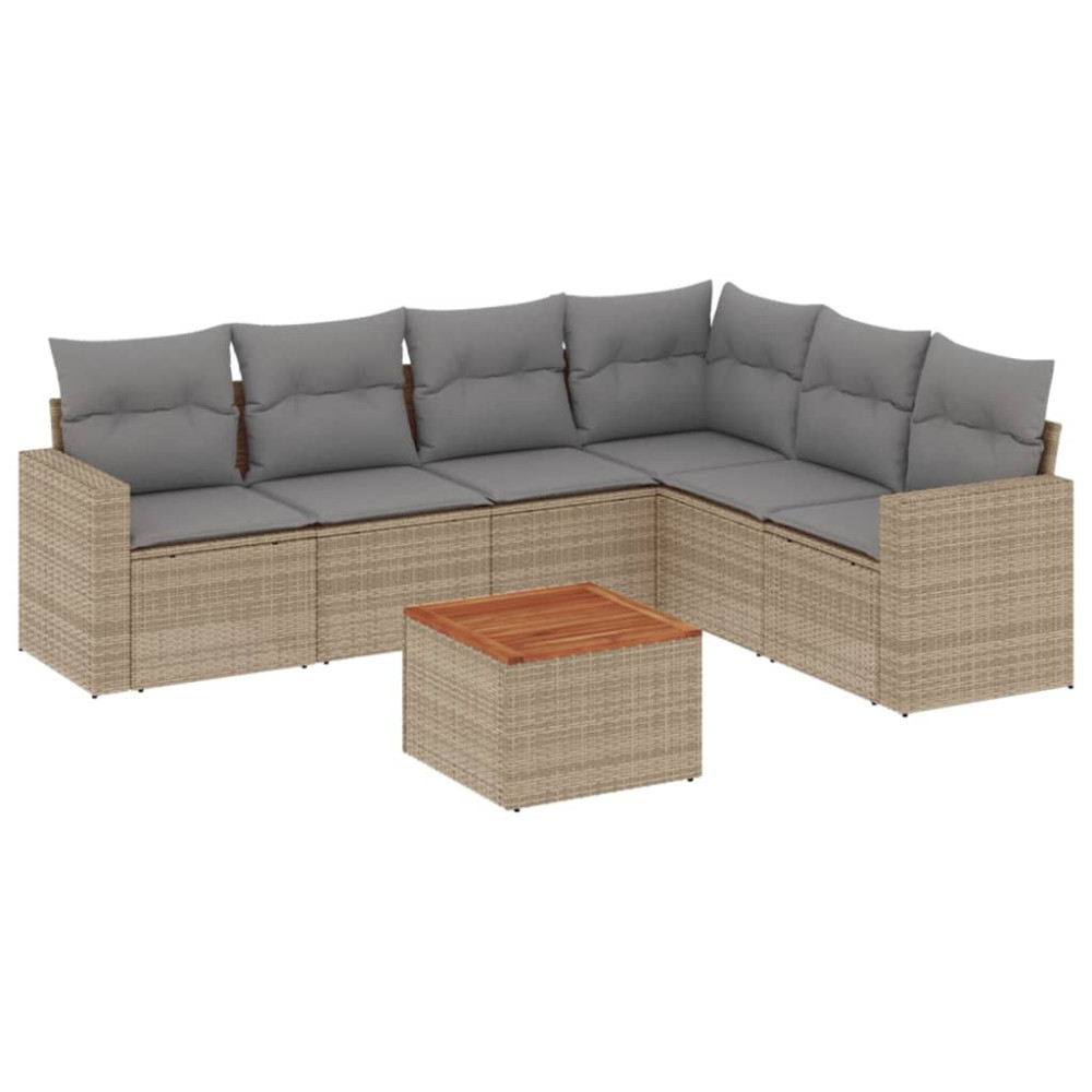 Produktbild för Matgrupp för trädgården med dynor 7 delar beige konstrotting