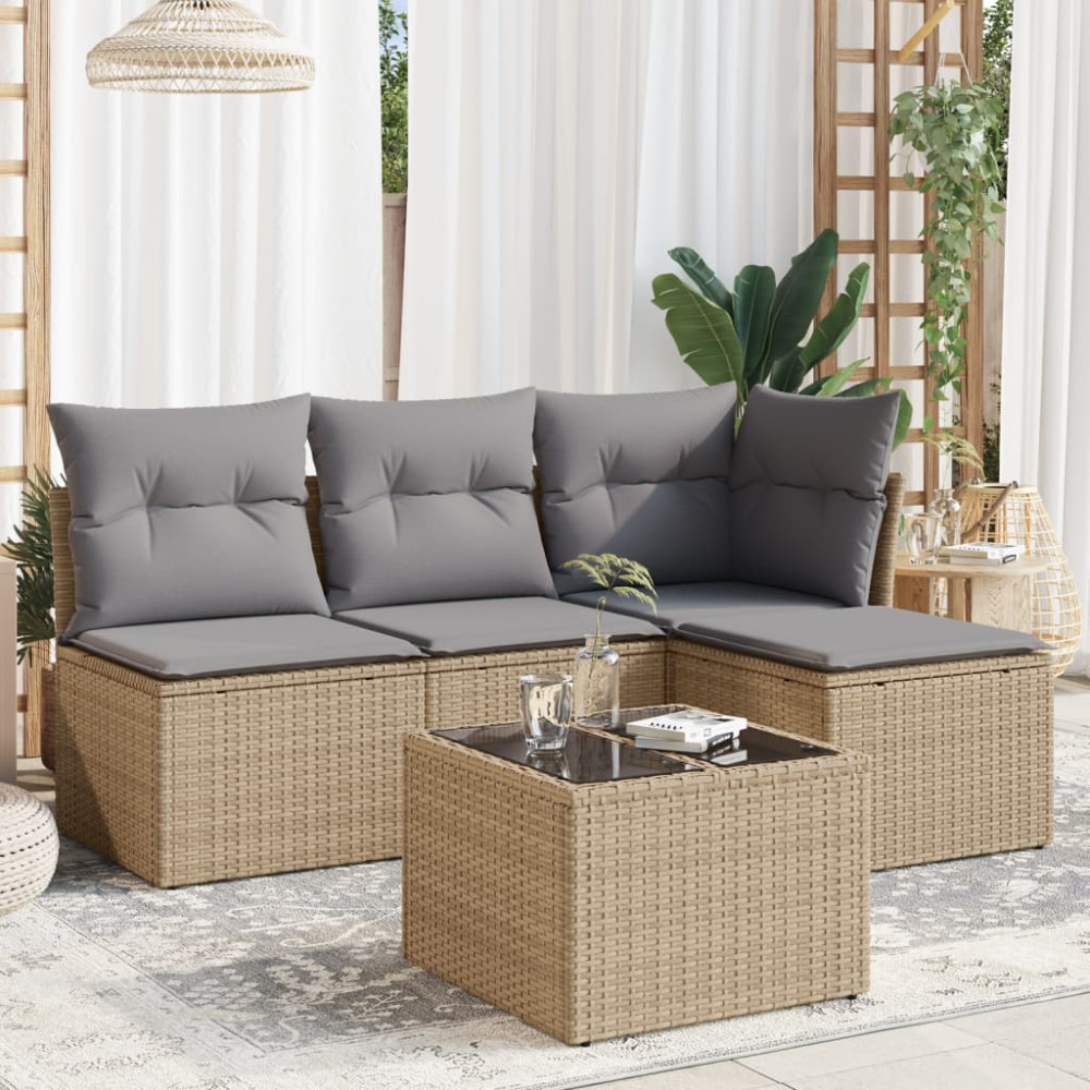 Produktbild för Soffgrupp för trädgården med dynor 5 delar beige konstrotting