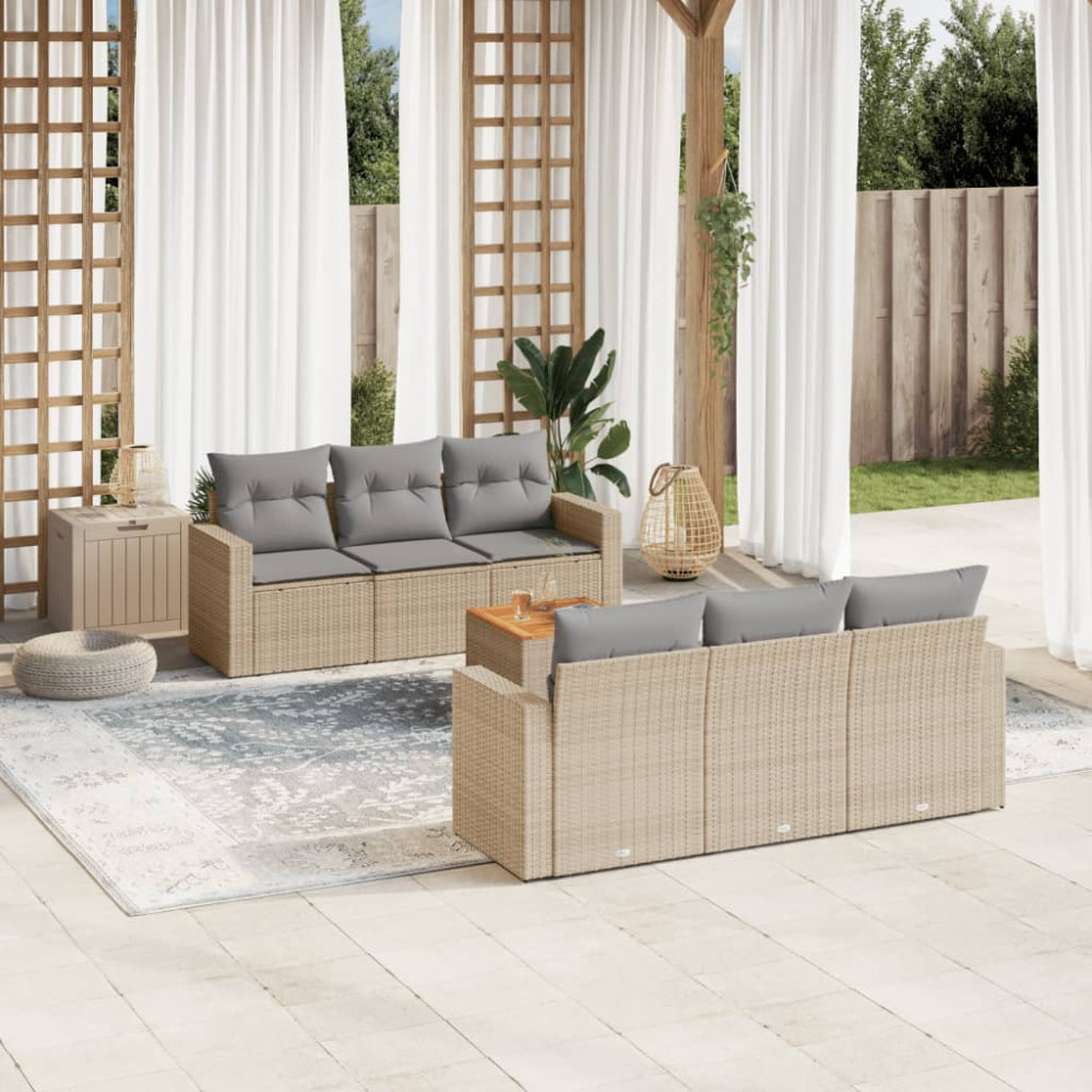 Produktbild för Matgrupp för trädgården med dynor 7 delar beige konstrotting