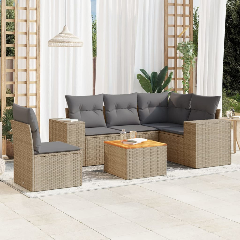 Produktbild för Soffgrupp för trädgården med dynor 6 delar beige konstrotting