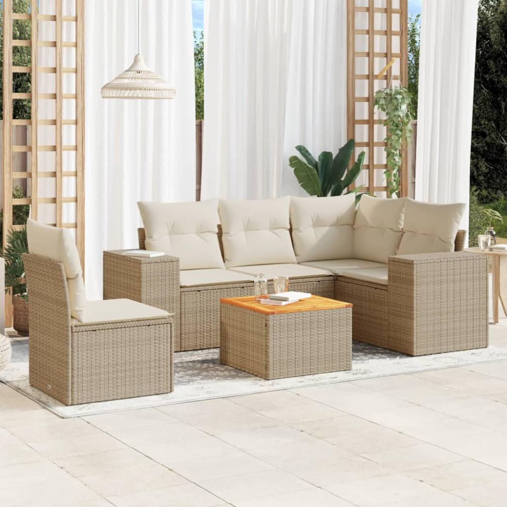Produktbild för Soffgrupp för trädgården med dynor 6 delar beige konstrotting