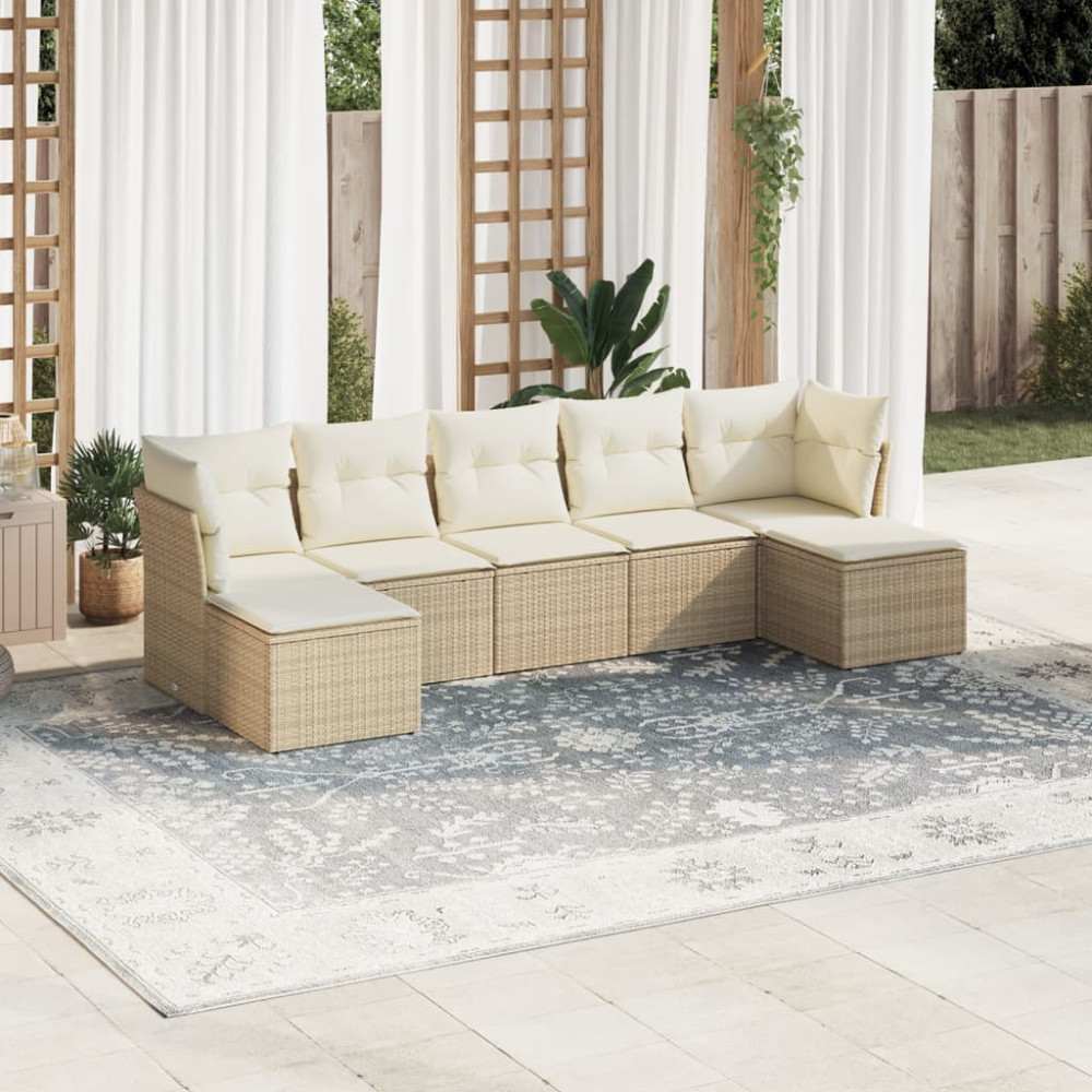 Produktbild för Matgrupp för trädgården med dynor 7 delar beige konstrotting