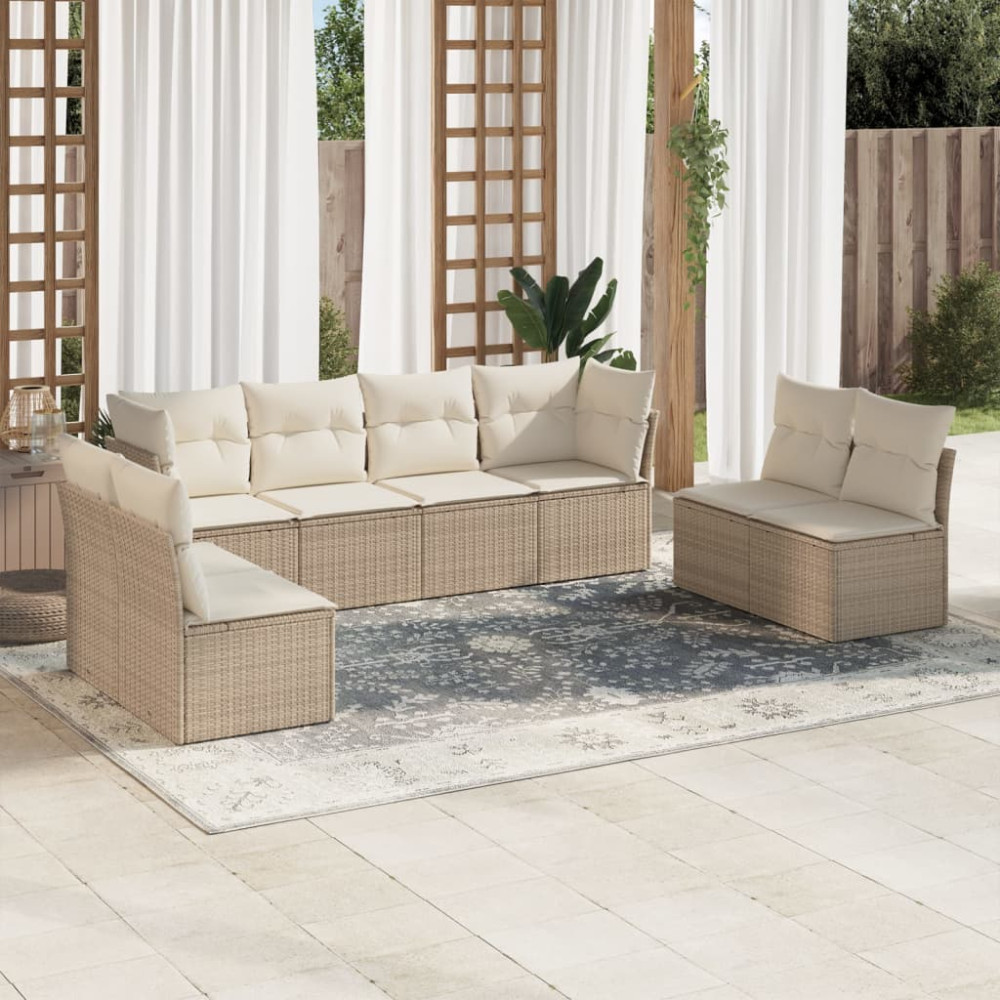 Produktbild för Matgrupp för trädgården med dynor 8 delar beige konstrotting