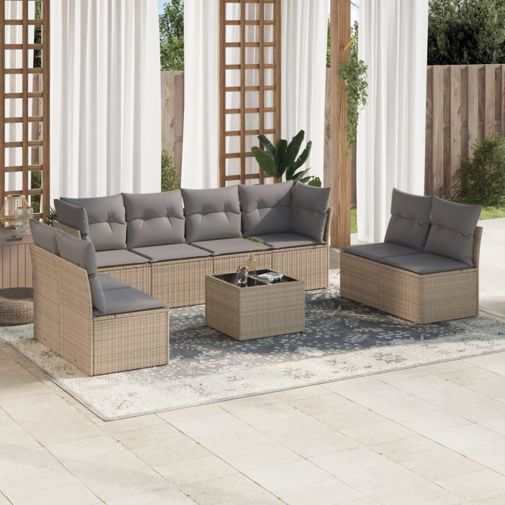 Produktbild för Soffgrupp för trädgården med dynor 9 delar beige konstrotting