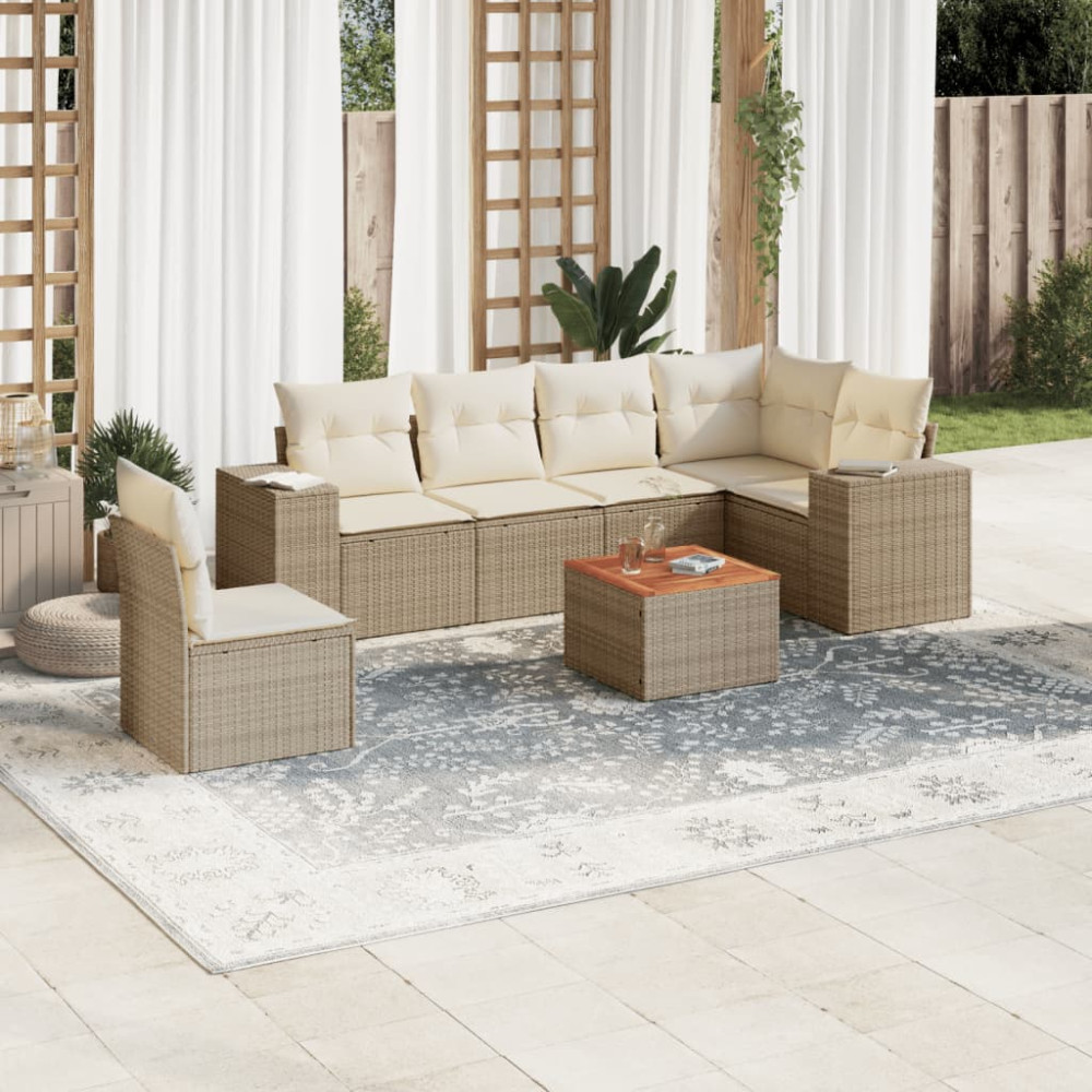 Produktbild för Matgrupp för trädgården med dynor 7 delar beige konstrotting