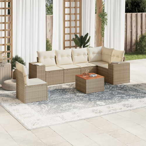 vidaXL Matgrupp för trädgården med dynor 7 delar beige konstrotting