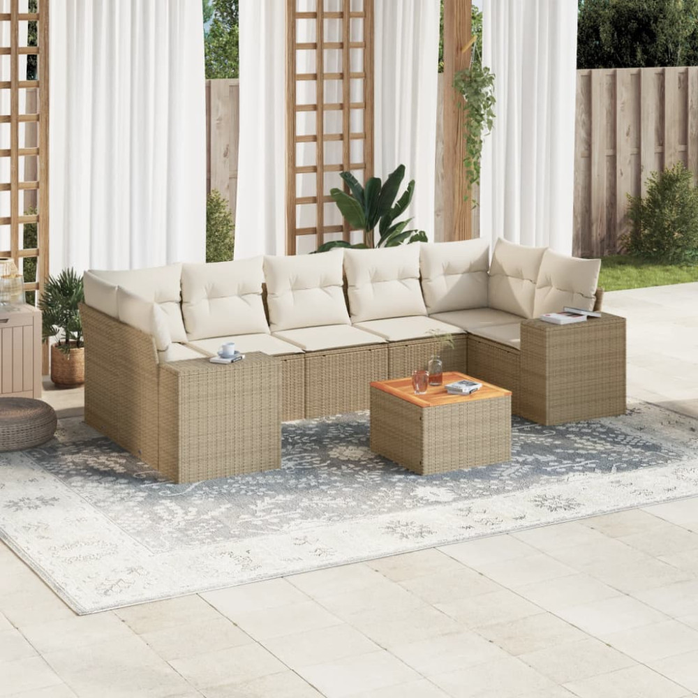 Produktbild för Matgrupp för trädgården med dynor 8 delar beige konstrotting