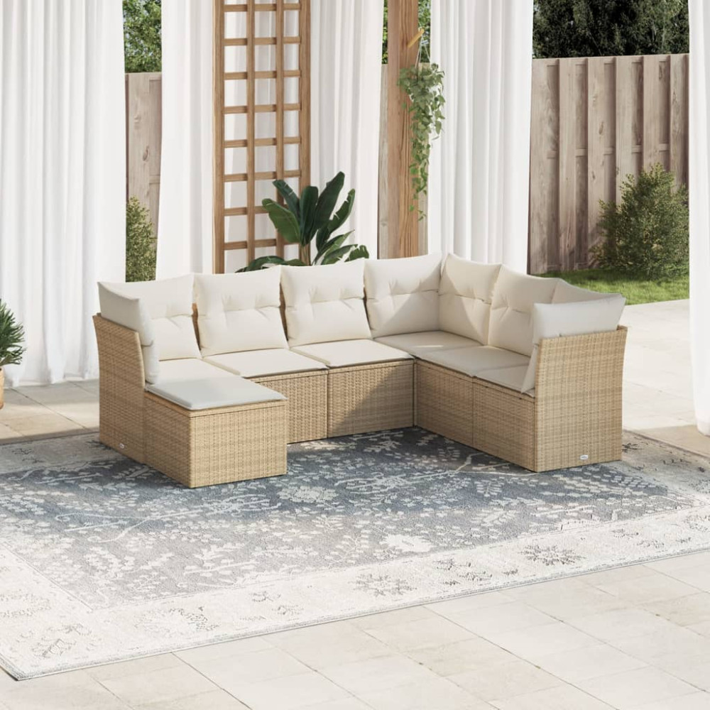 Produktbild för Matgrupp för trädgården med dynor 7 delar beige konstrotting