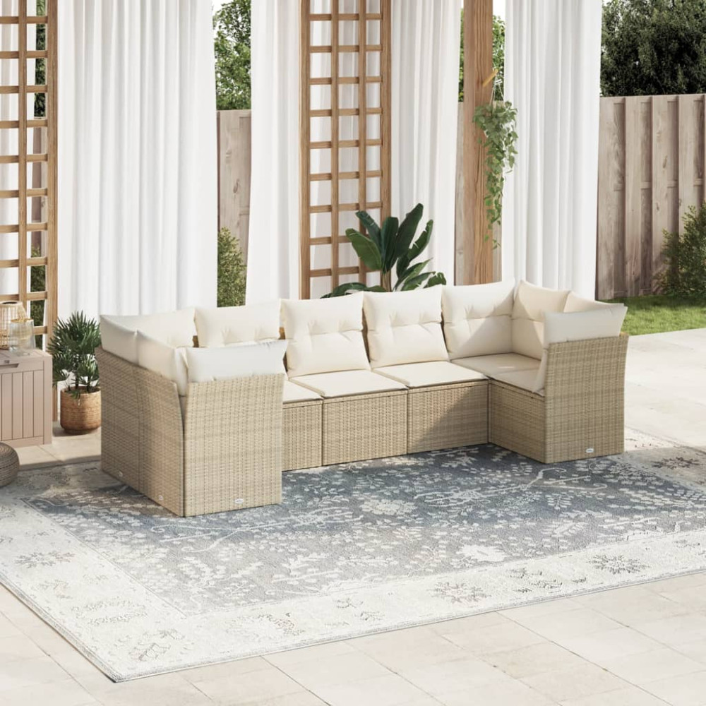 Produktbild för Matgrupp för trädgården med dynor 7 delar beige konstrotting