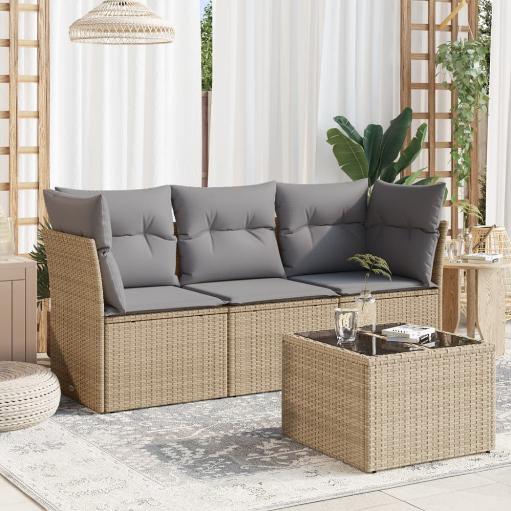 Produktbild för Soffgrupp för trädgård med dynor 4 delar beige konstrotting